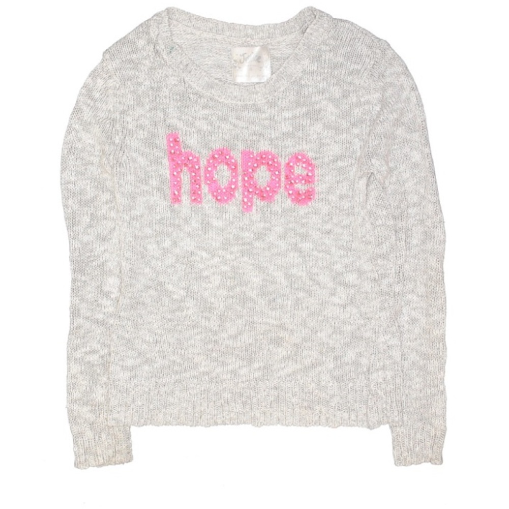 Justice Pullover Crew Neck Grey Sweater w “hope” on the front sz Youth 12 EUC